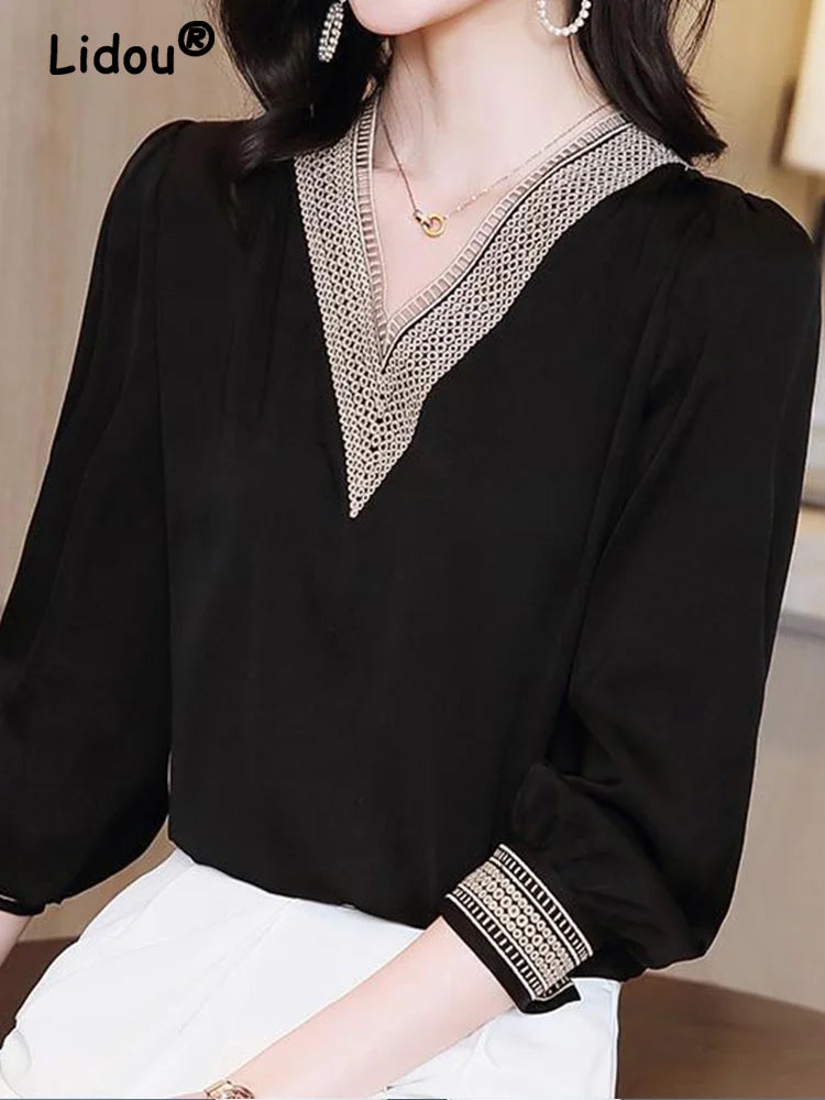 V-neck Embroidery Hollow Out  Long Sleeve Solid Color Blouse