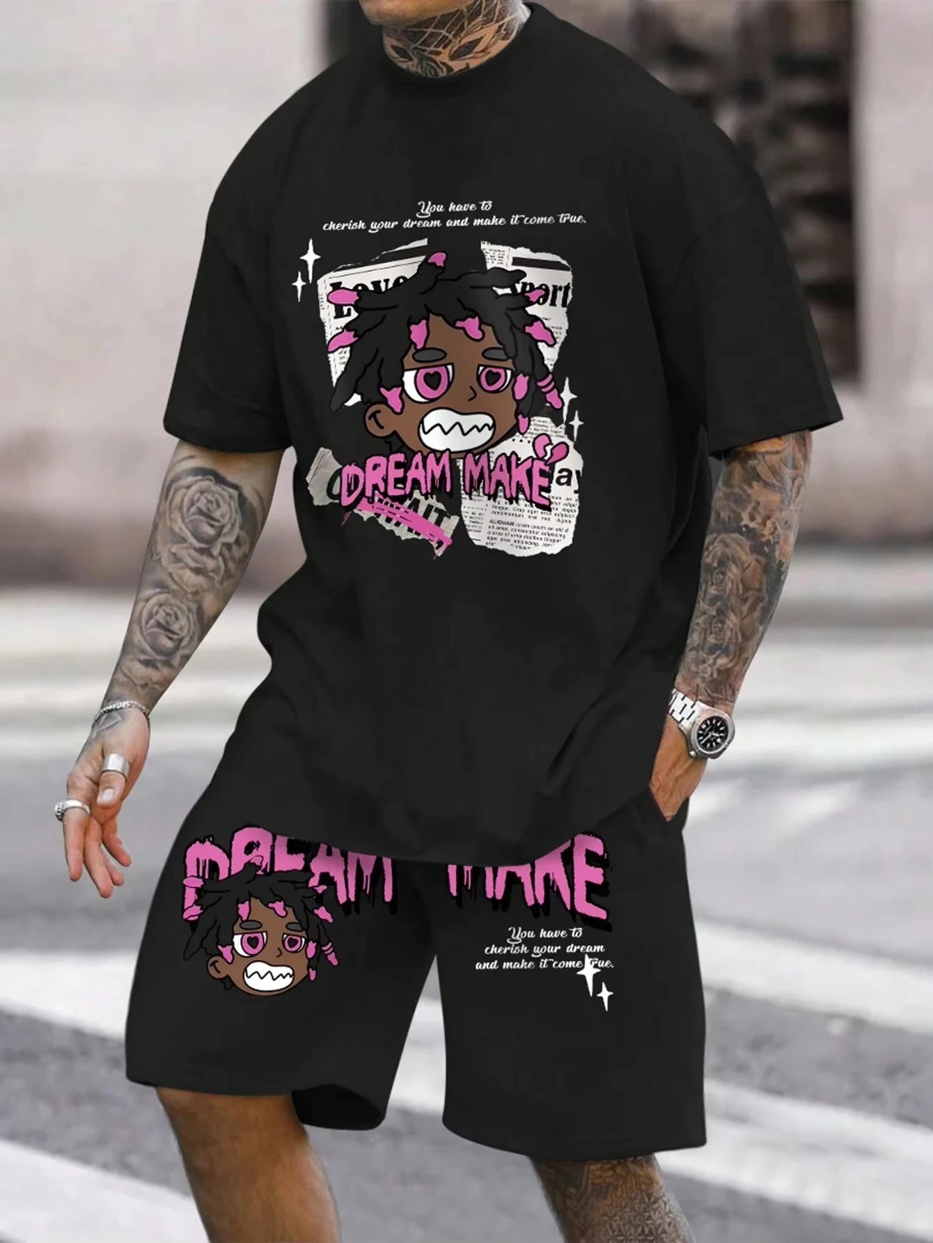 Men's round neck casual summer T-shirt, printed with cartoon characters and letter patterns, lightweight and breathable shorts