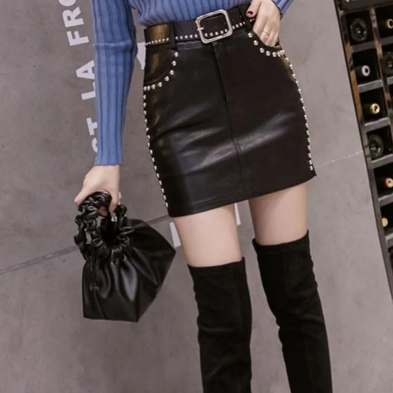 Beading  Leather Skirt Autumn Winter  High Waist