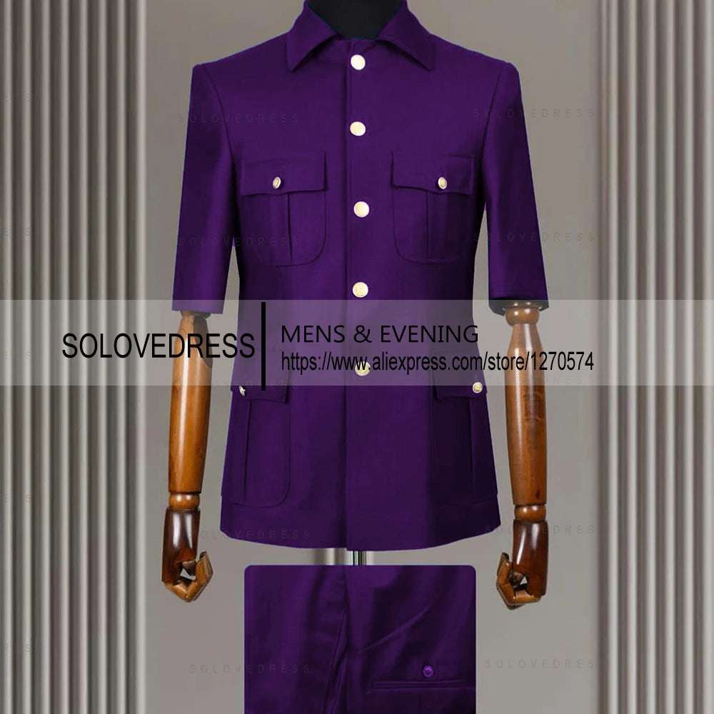 2 Piece Lapel  Short Sleeves with 4 Real Pockets Single Breasted Slim Fit Summer Suits
