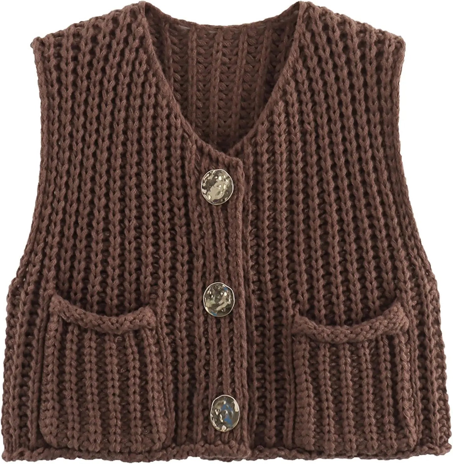 Crochet Chunky Knit Top Sleeveless Button Down Crop Tops Trendy Cardigan Sweater Vest for Women with Pockets