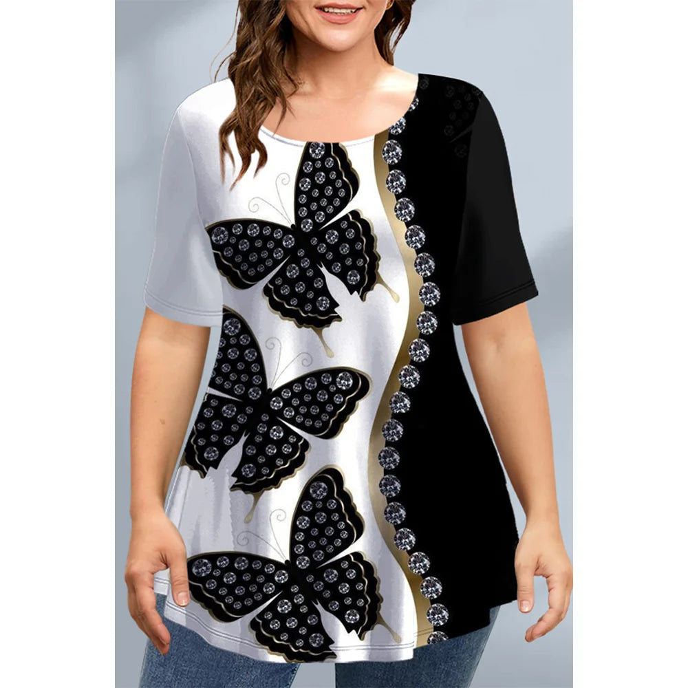 Women's T-Shirts Spring Clothing Floral Graphic O-Neck Pullovers Short Sleeve Tops Streetwear Oversized Apparel Ladies