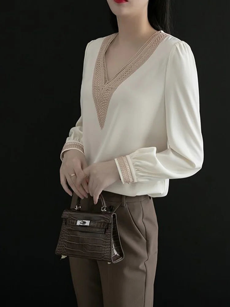 V-neck Embroidery Hollow Out  Long Sleeve Solid Color Blouse