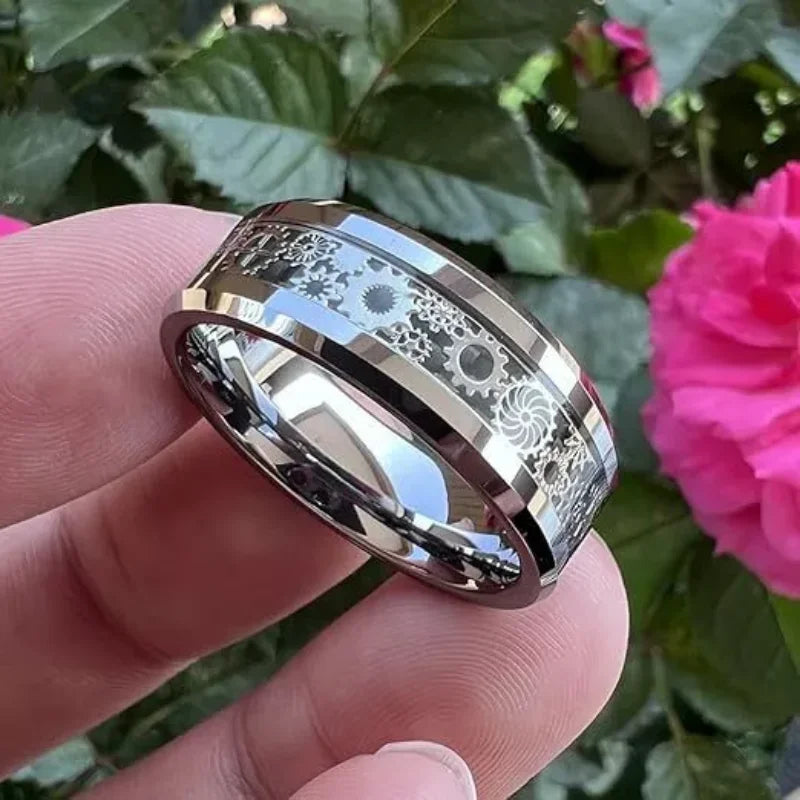 Fashion Steampunk Gear Wheel Men Stainless Steel Ring Inlay Carbon Fiber Rings For Men Rock