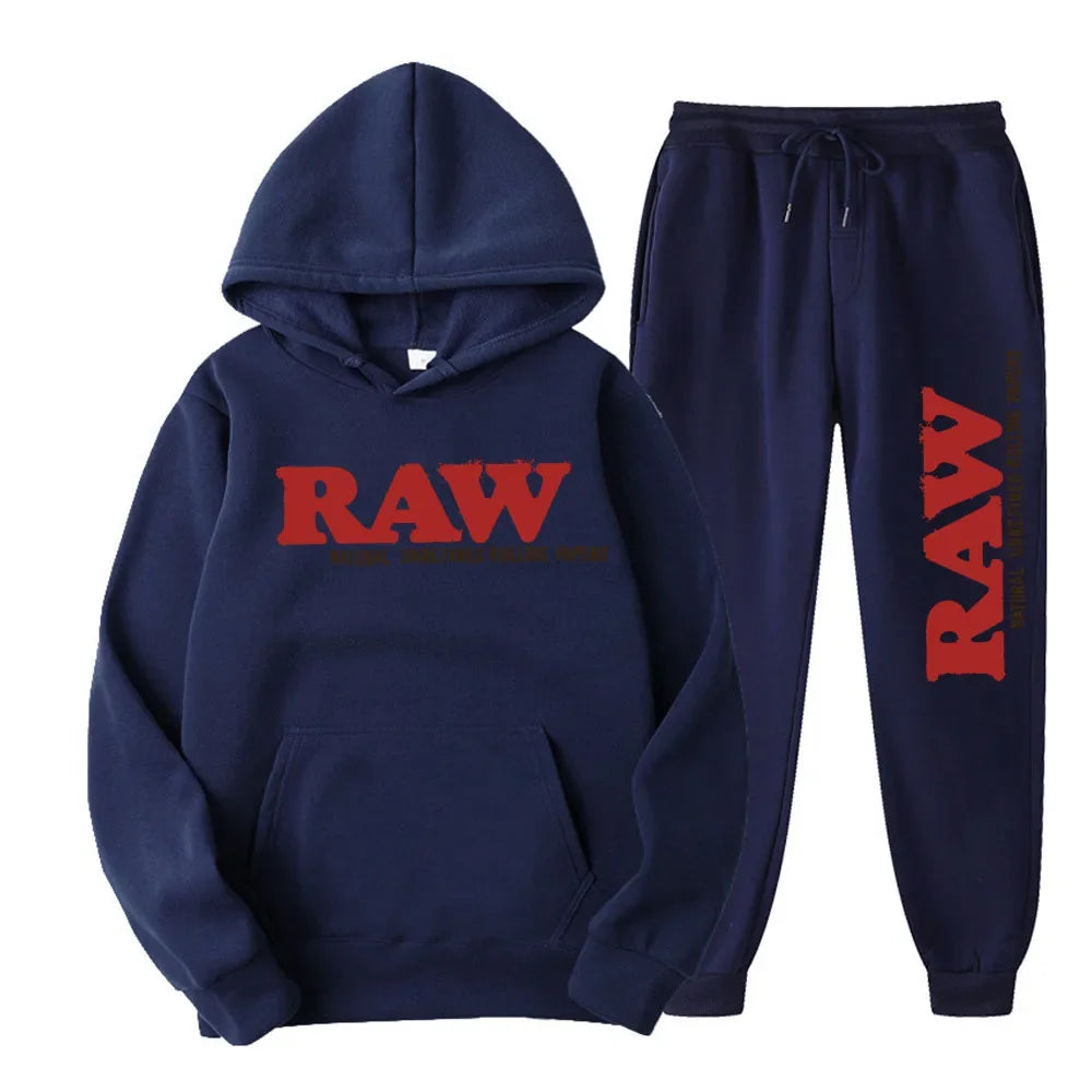 Men's Set RAW  Running Hoodie Sweatpants Men's Set 2PK Autumn Winter Casual Woolen Sportswear