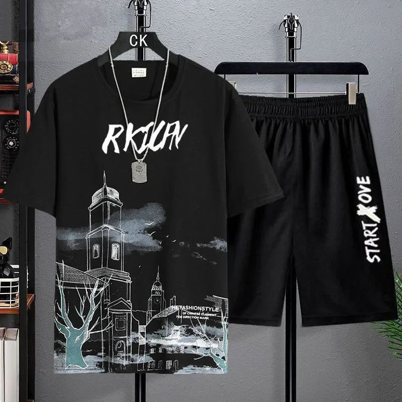 Men's Sets Summer Fashion T Shirts Casual Polyester Gradient Shorts Set Men's Sporty Two-piece Outfit Basketball Tracksuits