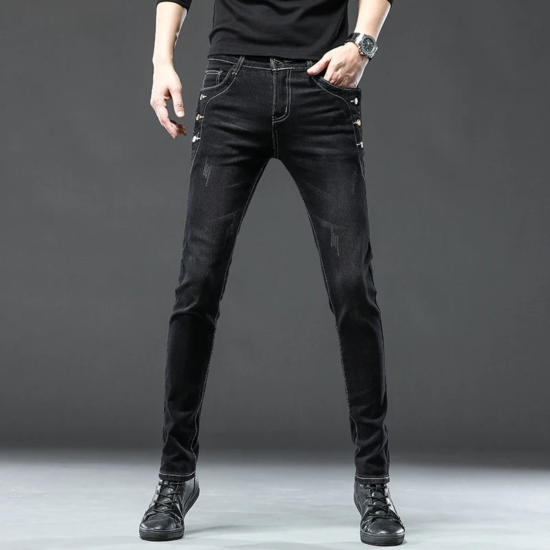 Button Jeans  Solid Color Stretch Multi-button  Denim Pants Streetwear