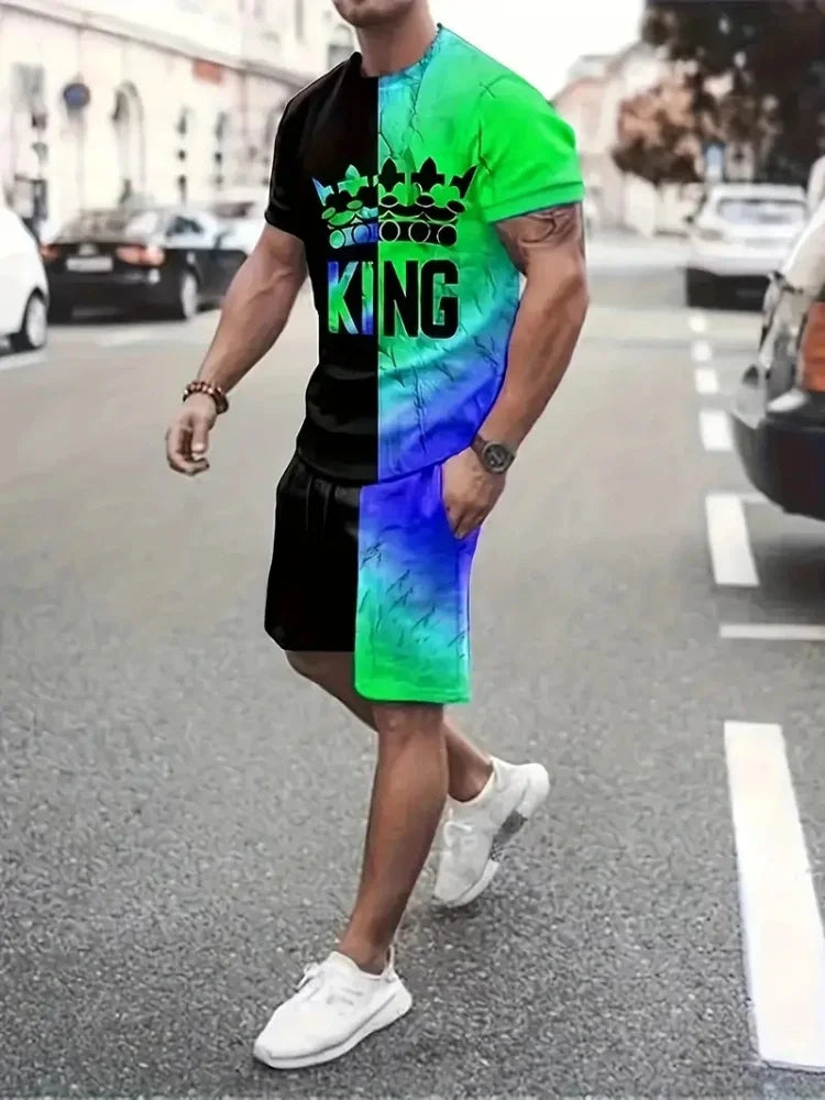 Hip Hop Style Personality Cartoon 3D Printed Men's Round Neck Short Sleeve 2 piece Fashionable Street Sports All-match Men's Suit