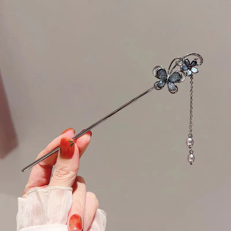 Modern Hair Stick Ink Flower Metal Tassel Hairpin Forks For Women  Beads Fringe Hair Clasp