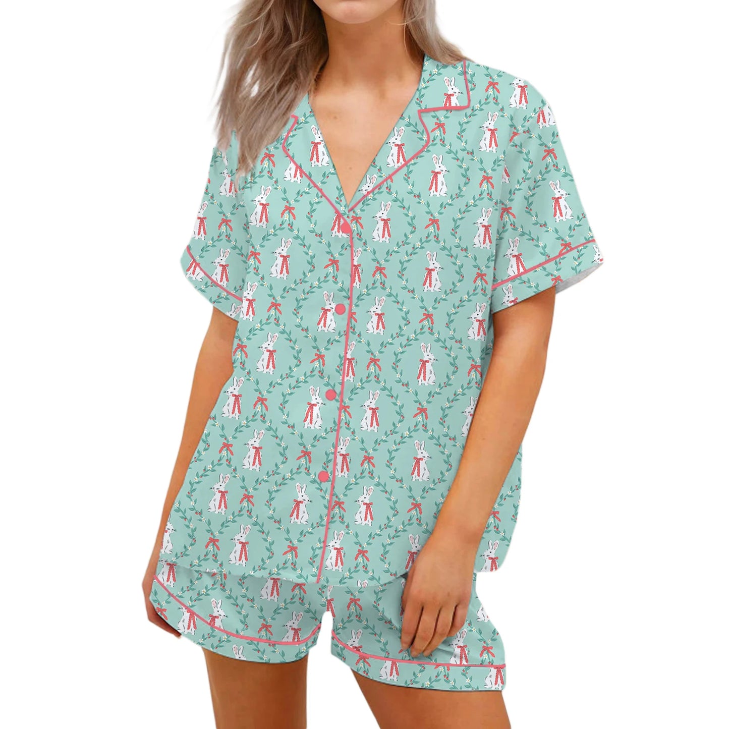 Women s Pajama Set with Cute Bunny Print Short Sleeve Button-up Top and Shorts 2 Piece Lounge Outfit