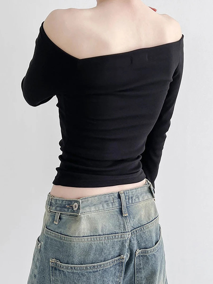 Women Solid Color Short T-Shirt Boat Neck Long Sleeve Off Shoulder Shirts Spring Fall  Fit Tops Streetwear