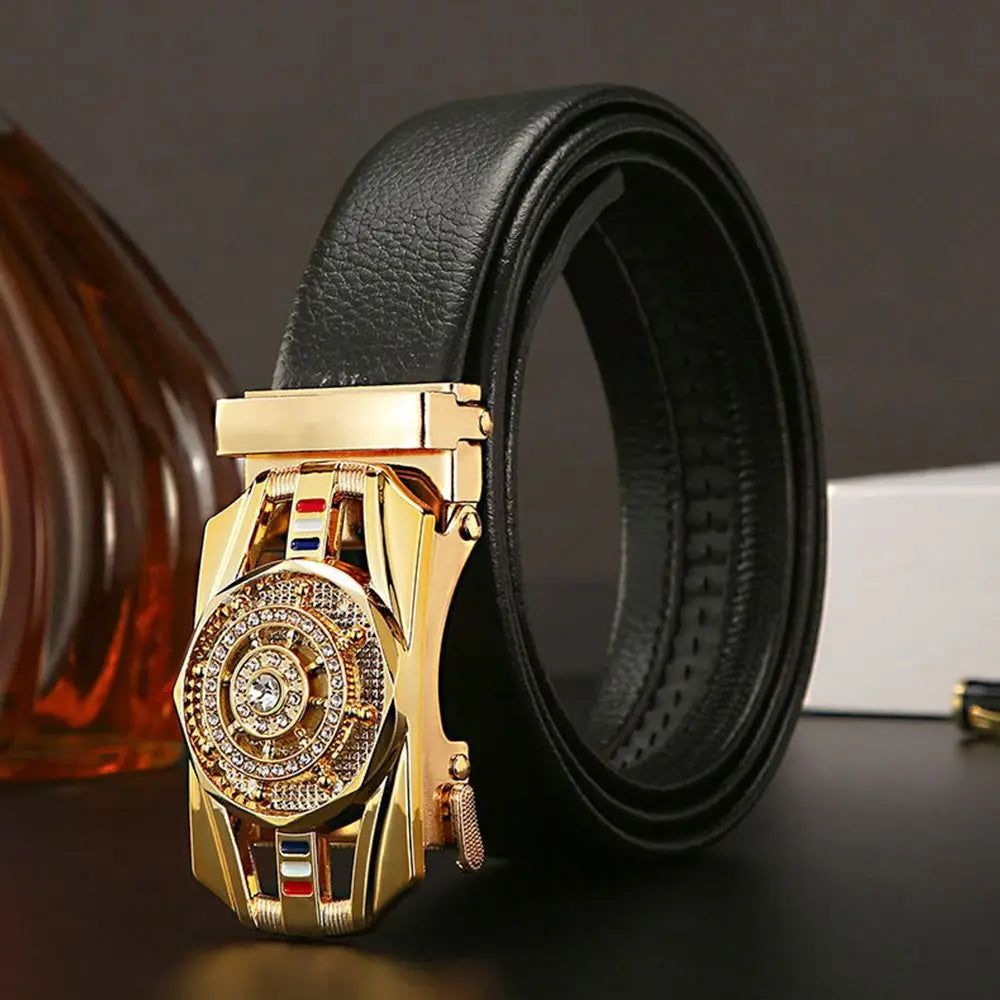 Business Time To Run Belt  Automatic Buckle Leather Belt Silver Waist Buckle Males Luxury Belt Rhinestone Decoration