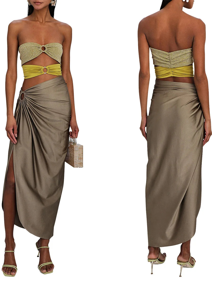 Women s Summer 2 Piece Set Off Shoulder Crop Top and High Waist Ruched Skirt Matching Outfit