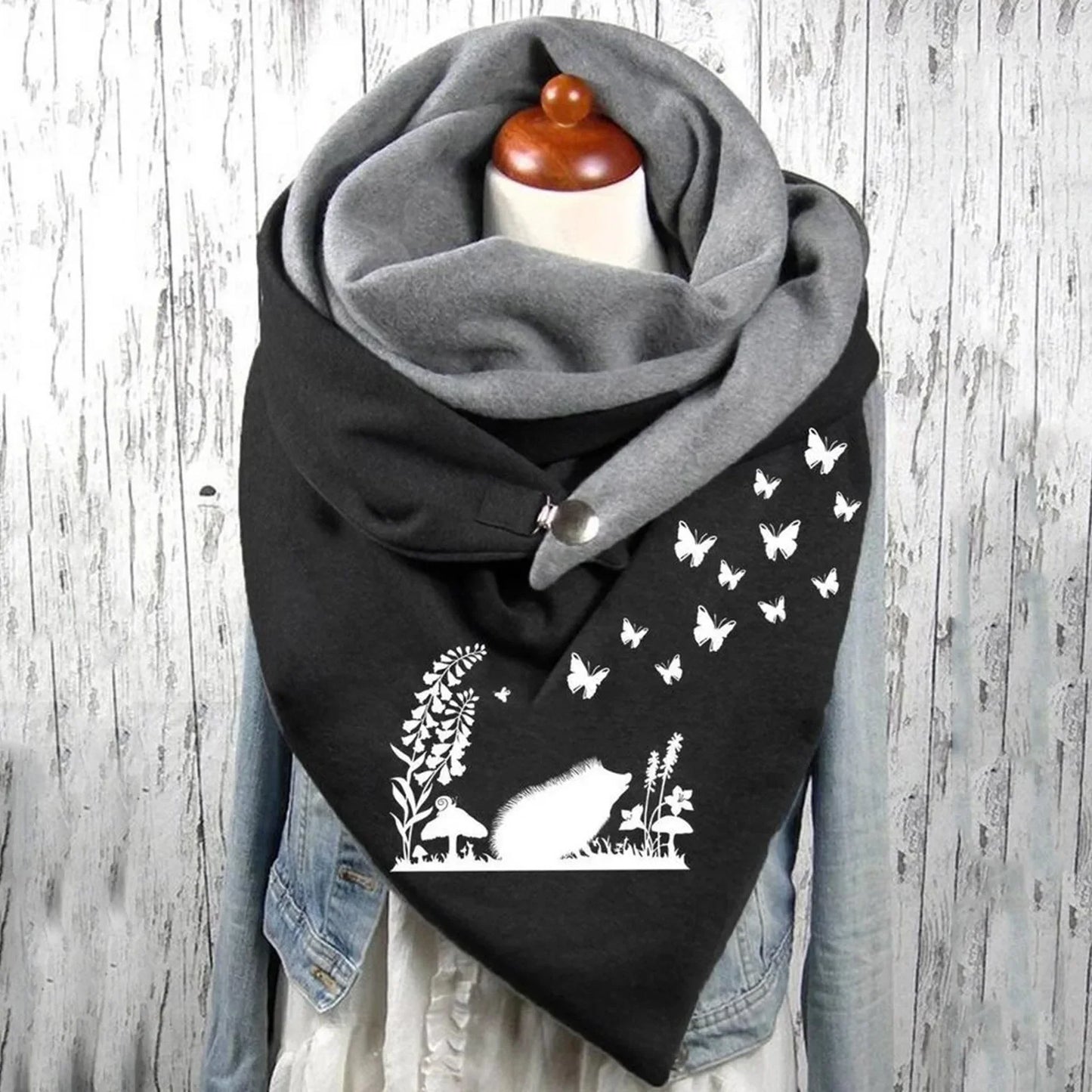 Winter Women's Floral Print Thick Warm Scarf – Windproof Double-Layer Buttoned Wrap