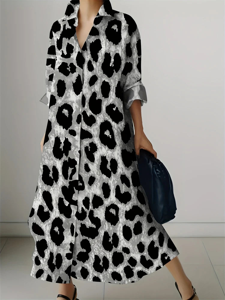 Women's Fashion Shirt Dresses High Temperament Leopard Print Casual Dresses Women's Elegant Party Long Sleeve Dresses