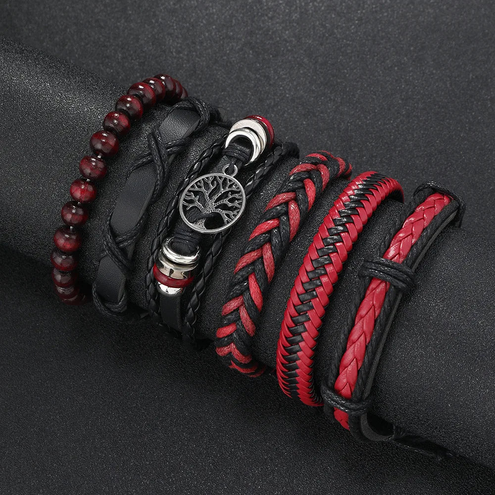 Casual Bead 6 Pc/set Tree Black Khaki Handmade Men Bracelets Male Women Leather Bracelets Men Bangle