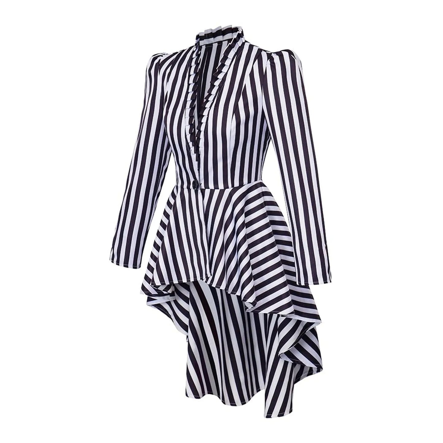 Black/White Stripe Elegant Women Irregular Hem Trench Coat  Vintage One Button Slim Tailcoat