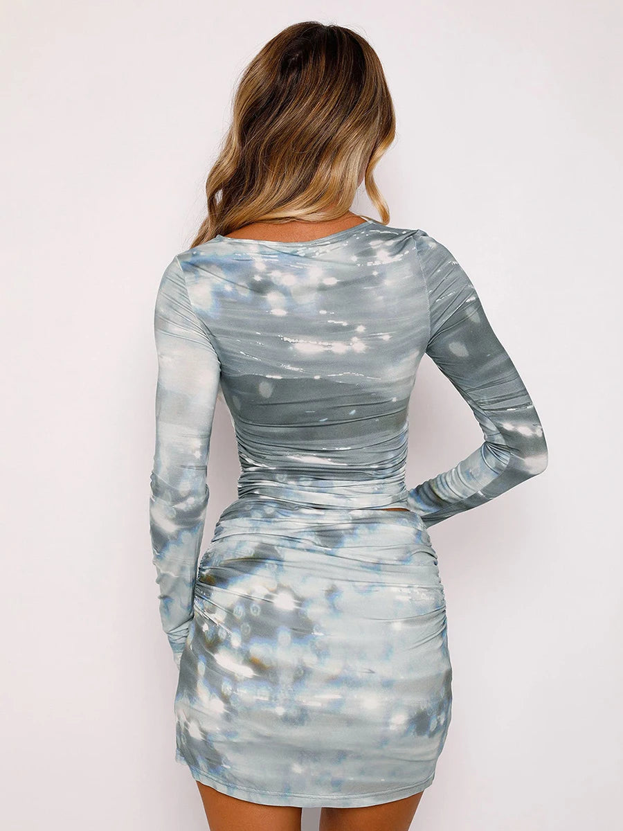 Women’s 2 Piece Summer Outfits Long Sleeve Butterfly Print Ruched Crop Tops Mini Skirt Set