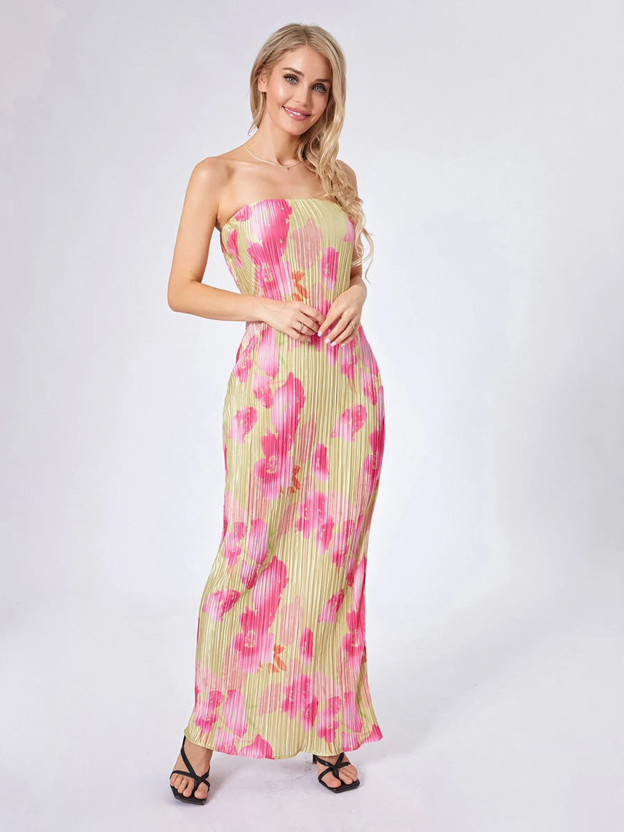 Floral Print Maxi Dress with Off Shoulder Design and Sleeveless Silhouette