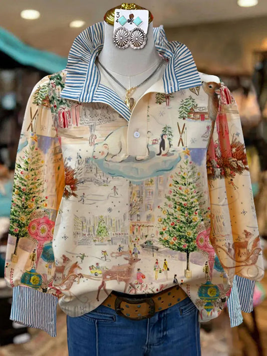 Vintage Striped Graphic Print Top Women Christmas Blouse