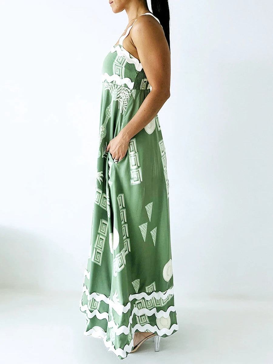 Floral Print Spaghetti Strap Maxi Dress with Side Slits and Adjustable Waist Tie