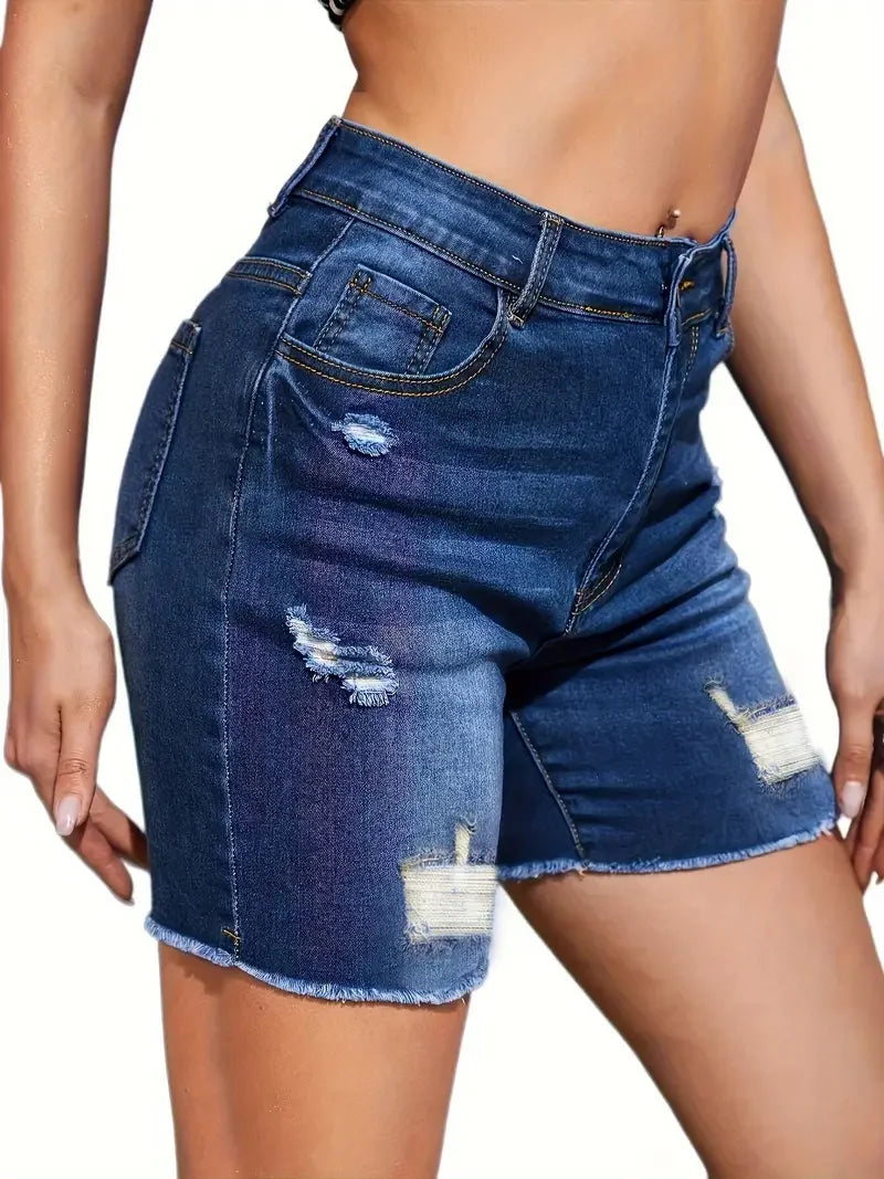 Women Stretch Slim Denim Shorts Pocket Casual Ripped Denim Shorts