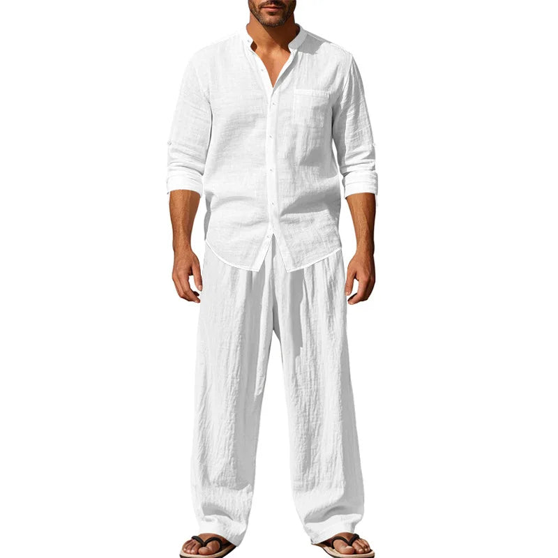 Spring and Summer Men's Suit Linen Casual Loose Breathable Long Sleeves Shirt Trousers 2 pc Set of Beach Vacation Essential