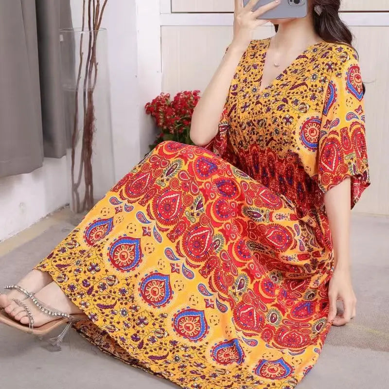 Colorful Flower V-neck Elastic Youthful Bohemian Sweet Midi Dress Woman Clothes Chic Fashion Summer Dresses