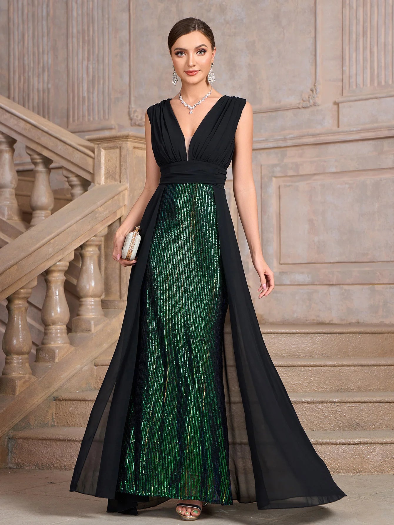 Sexy Strapless Sequins Pacthwork Pleated Maxi Dress  Sleeveless Backless
