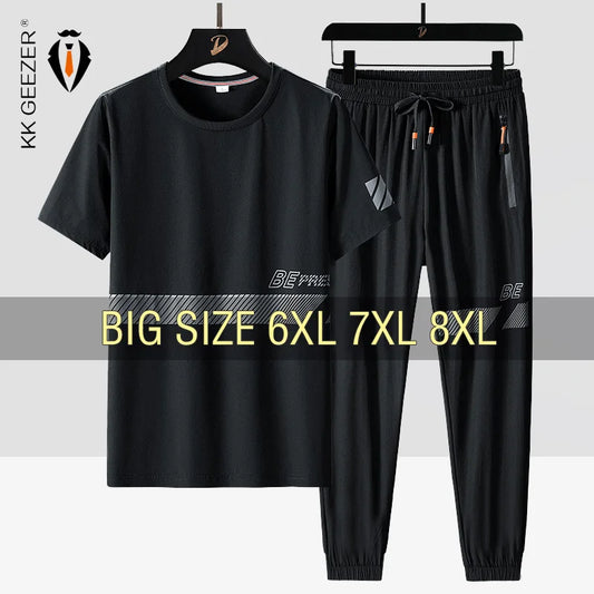Men T Shirt Suit Pants 2 Piece Set Oversize 6XL 7XL 8XL Plus Size Short Sleeve Black T-shirts Summer Fashion Loose