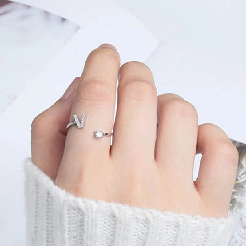 Shining Rhinestone 26 Letters Adjustable Rings  Initial A-Z Alphabet Opening Ring