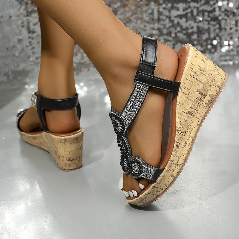 Rhinestone Wedge Heel Sandals for Women Summer Platform Bohemian Sandals Woman Thick Bottom Elastic Band Gladiator Shoes