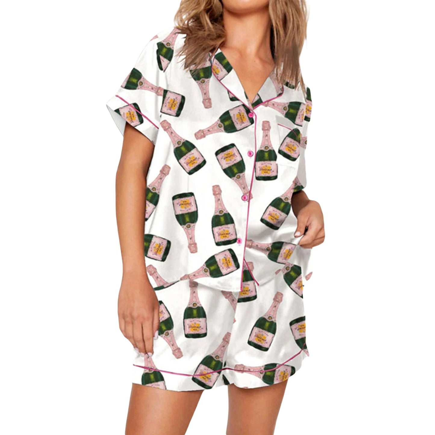 Women s 2 Piece Pajama Set V-Neck Short Sleeve Button Down Tops Drawstring Waist Shorts Sleepwear