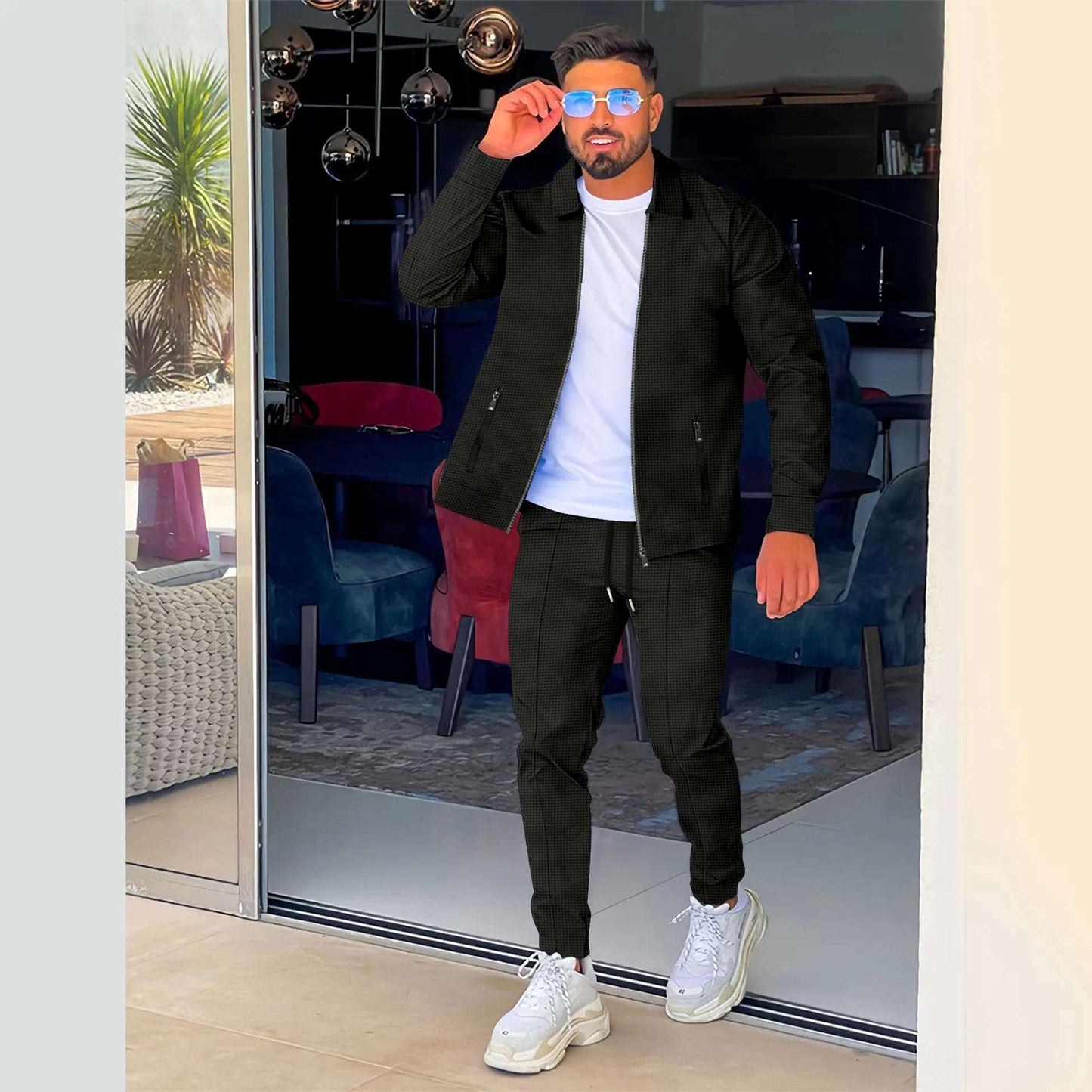 AliExpress Amazon cross-border Spring and Fall zipper pocket lapel trend jacket pants men's sports street suit