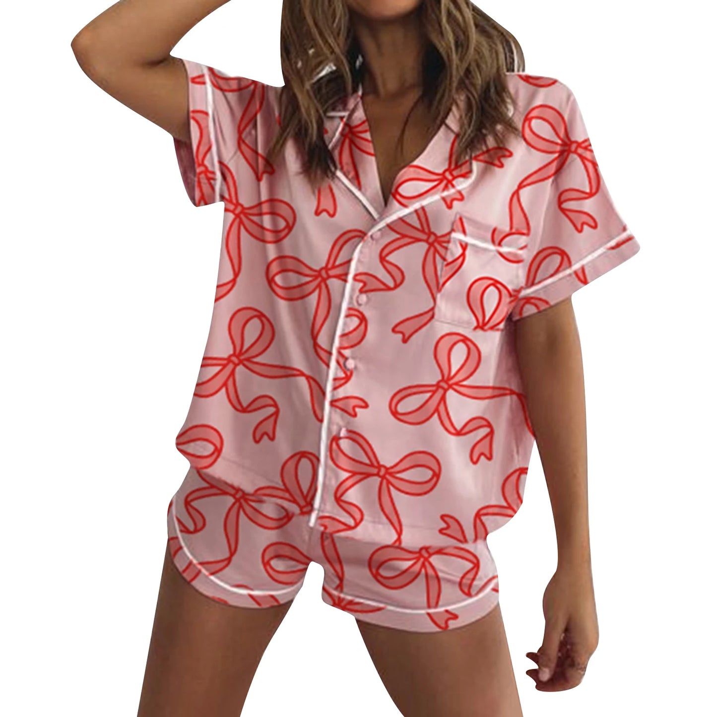 Valentine s Day Silk Pajamas Set with Lace Trim Short Sleeve Heart Floral Print Shirt and Shorts