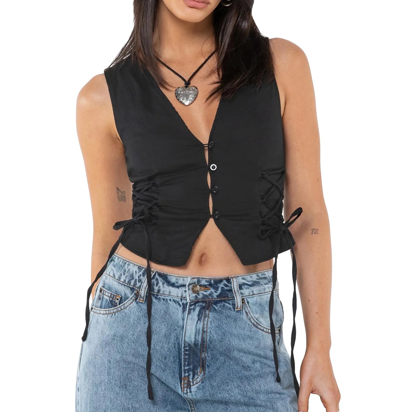 Women Summer Tank Tops Solid Color Front Button Vest Side Cross Tie-Up Waistcoat Streetwear
