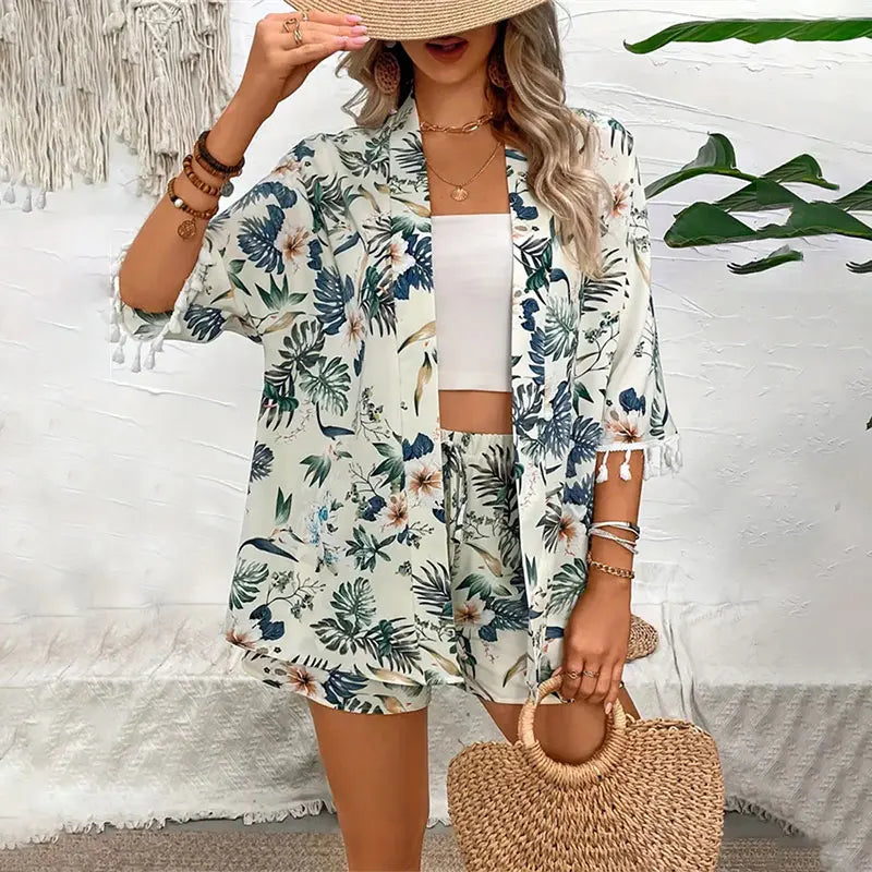 Two Piece Set For Women Open-front Cardigan Smock Flower Printed Beach Shorts Summer Suits