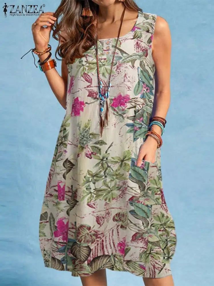 ZANZEA Bohemian Beach Dress Summer Vintage Floral Printed Sundress Women Sleeveless Knee-length