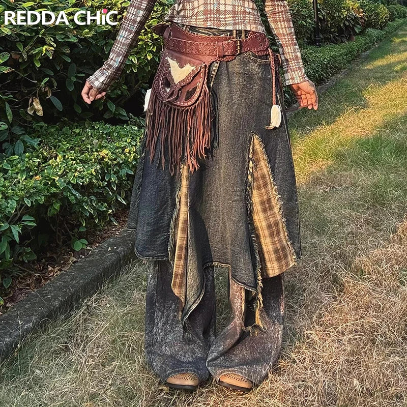 Denim Blue Ombre Asymmetrical Skirt  Retro Tartan Plaid Stitch Maxi Long Overlay