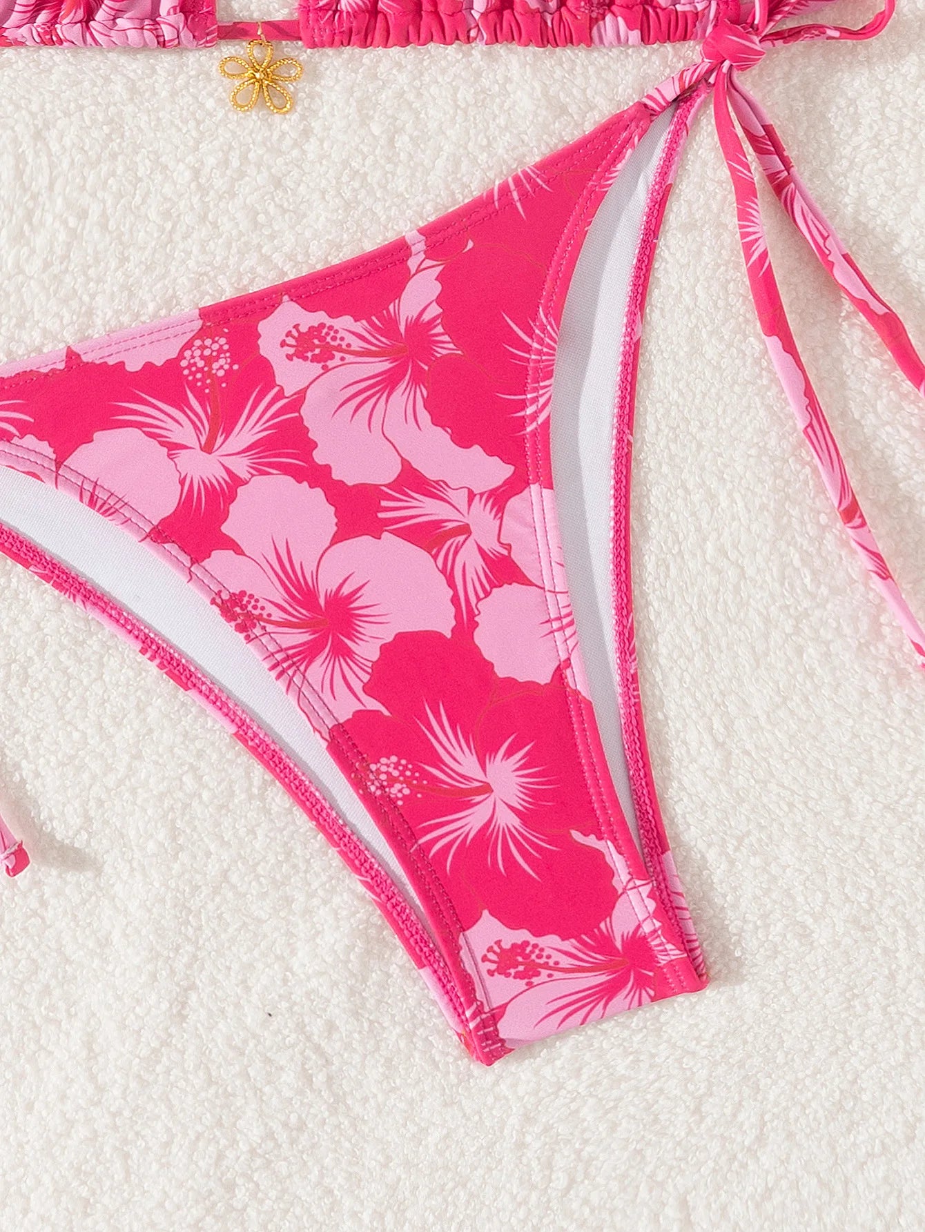 Rose Red Flower Print Bikini Set for Women  Triangle Halter Backless Swimsuit Beach Vacation Thong  Swimwear