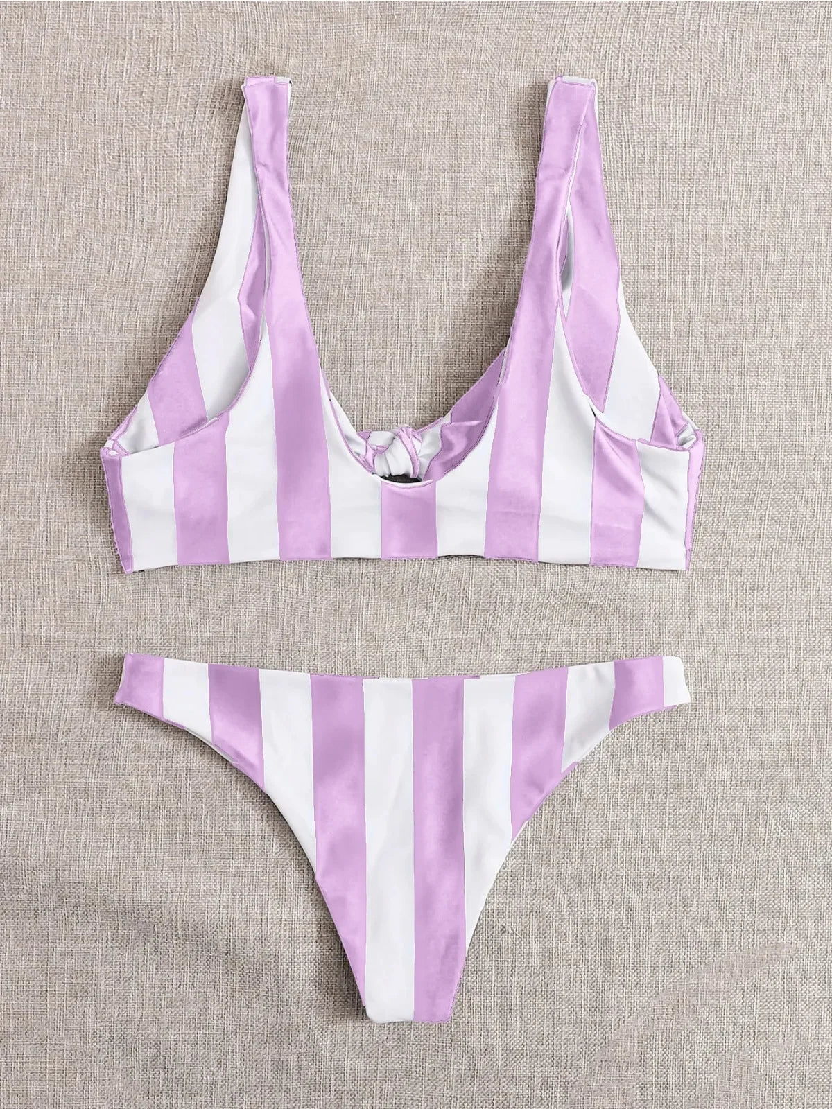 Stripe Print Contrast Color Bikini Set for Women Lace-up Knot V-neck 2 Piece Swimsuit Suit Beach Swimwear