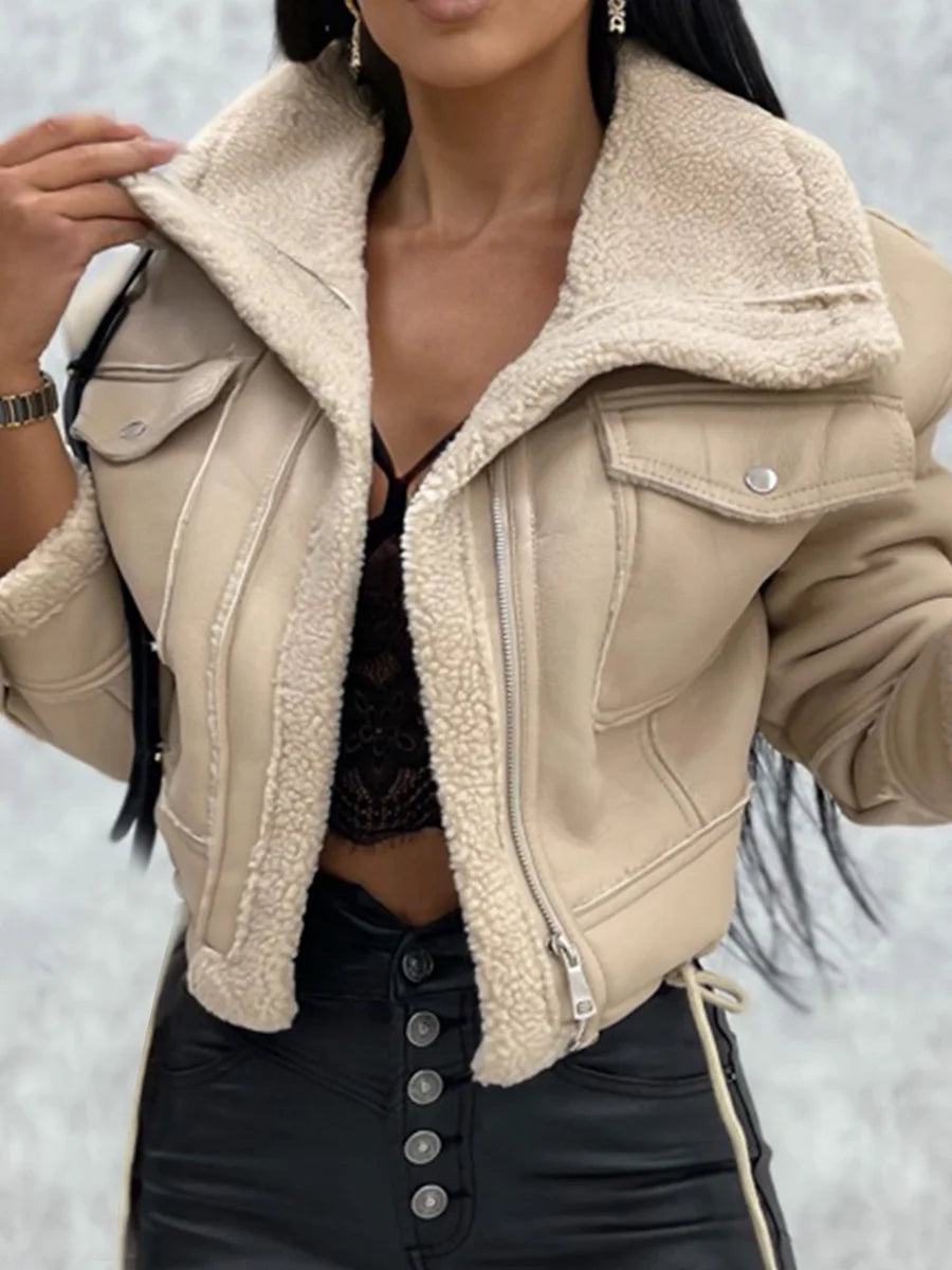 Winter Coat Stylish Long Sleeve Jacket with Zipper Closure and Patchwork Design Featuring Warm Outwear