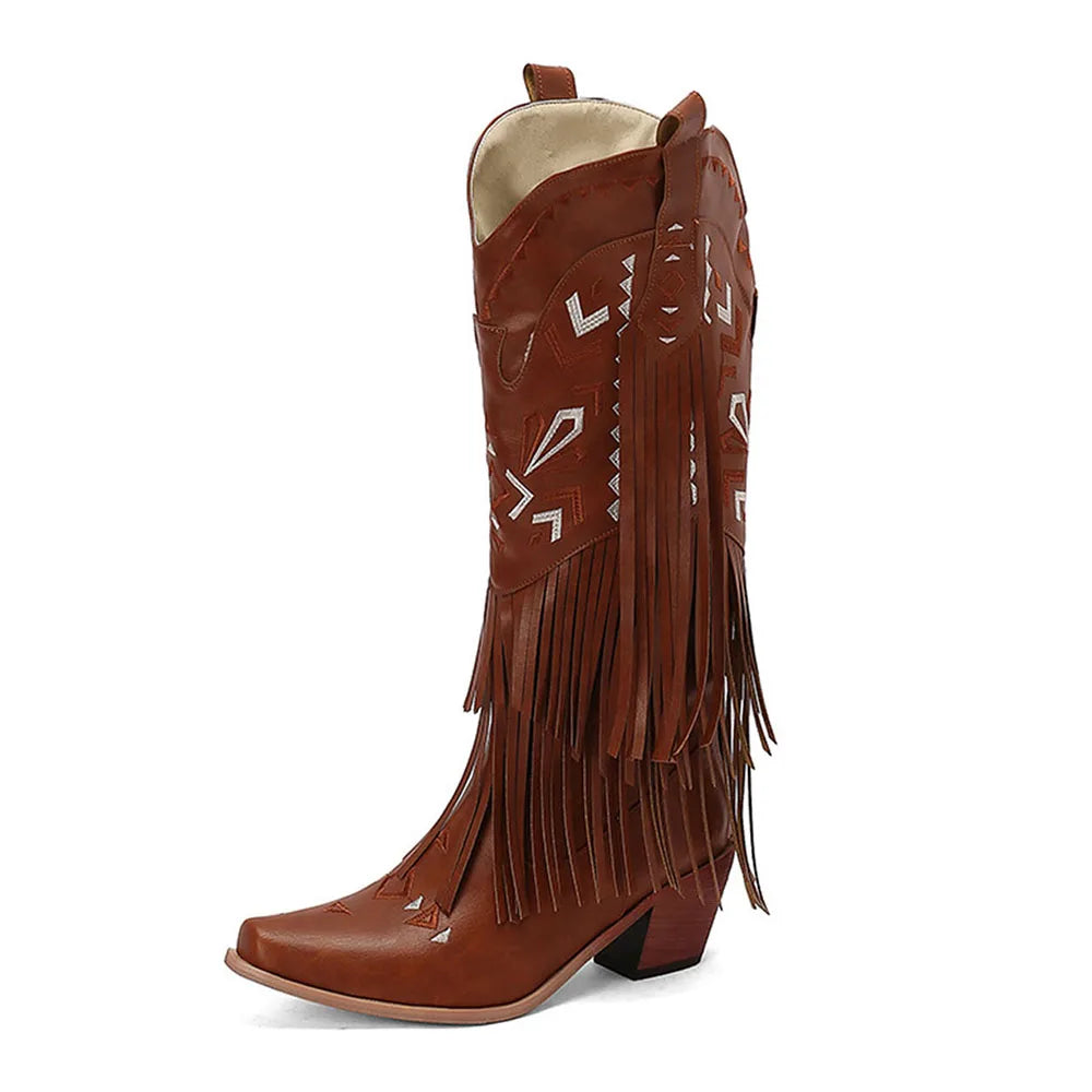 Retro Tassel Embroidered Cowgirl Mid-Calf  Western Boots Pointed Toe Chunky High Heel