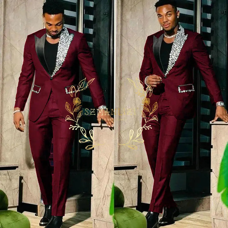 Suits for Men Slim Fit Single Breasted Peak Lapel Blazer High Quality Crystal Prom Party 2 Piece Jacket Pants Sets Terno