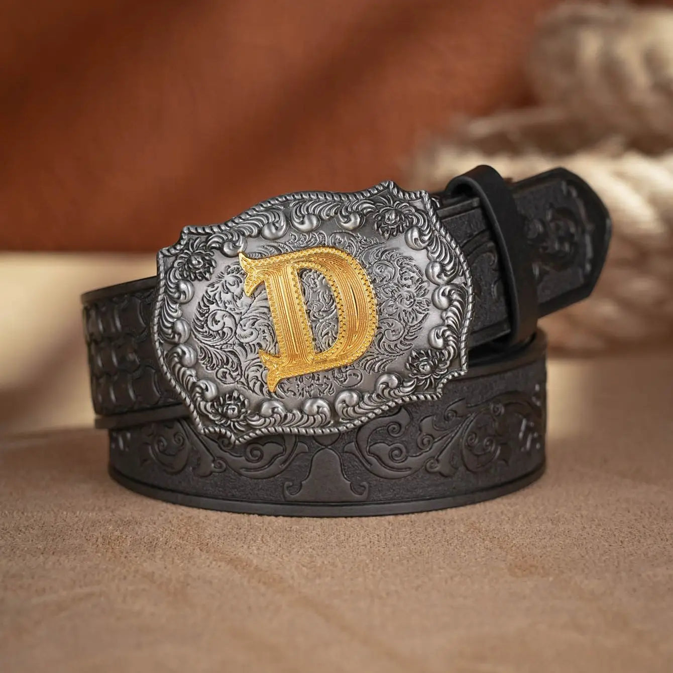 Western Cowboy PU Leather Belt  Waist Strap Bull Decoration Floral Engraved for Jeans
