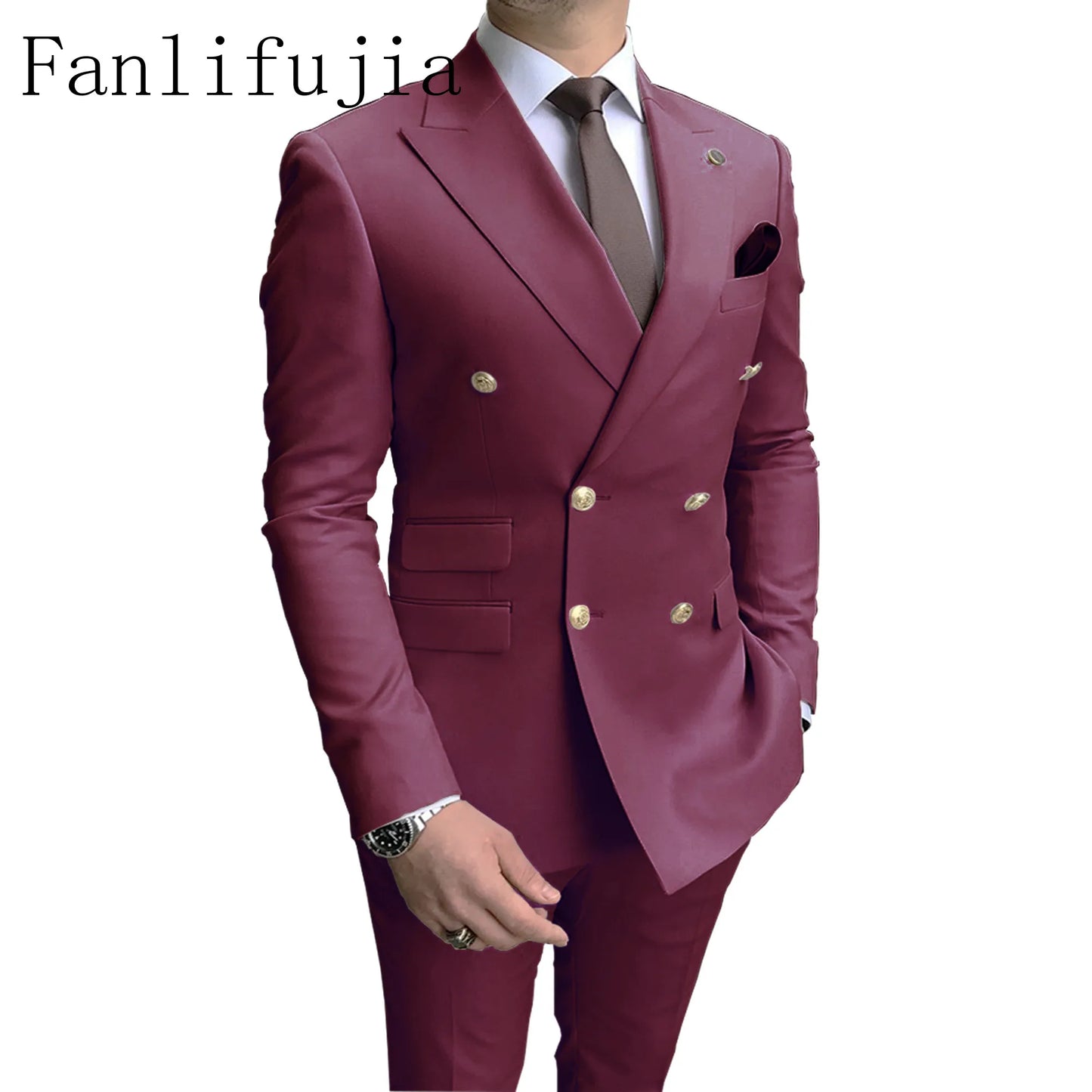 Men's Party Tuxedos 2 Pieces Latest Peak Lapel Men Suits Gold Buttons Fashion Style Suits Double Breasted