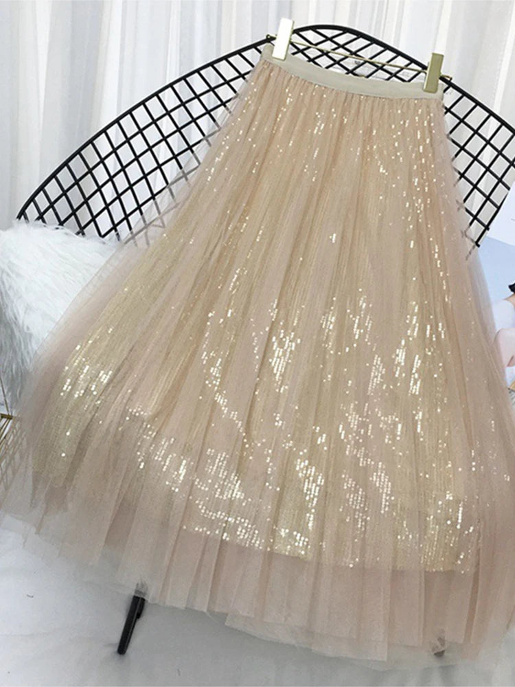 Sequined Pleated A Line Midi Skirt Chic High Waist