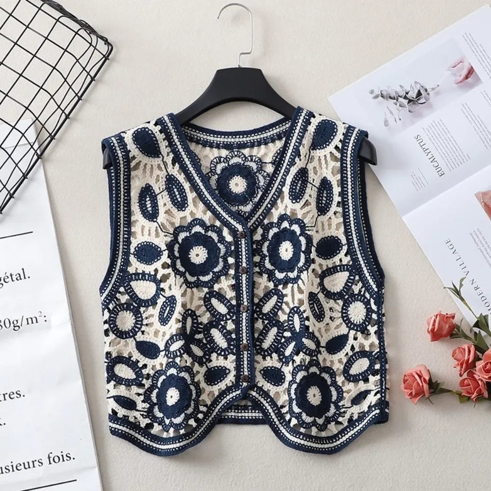 Sexy Hollow Out Knit Tank Tops Women Color block  V Neck Floral Camisole Female Beach Style Crop Top