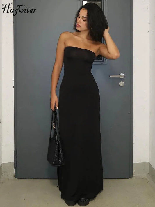 Black Strapless Sleeveless Sexy Bodycon Maxi Prom Dress  Elegant Women's Outfit Evening Party Festival