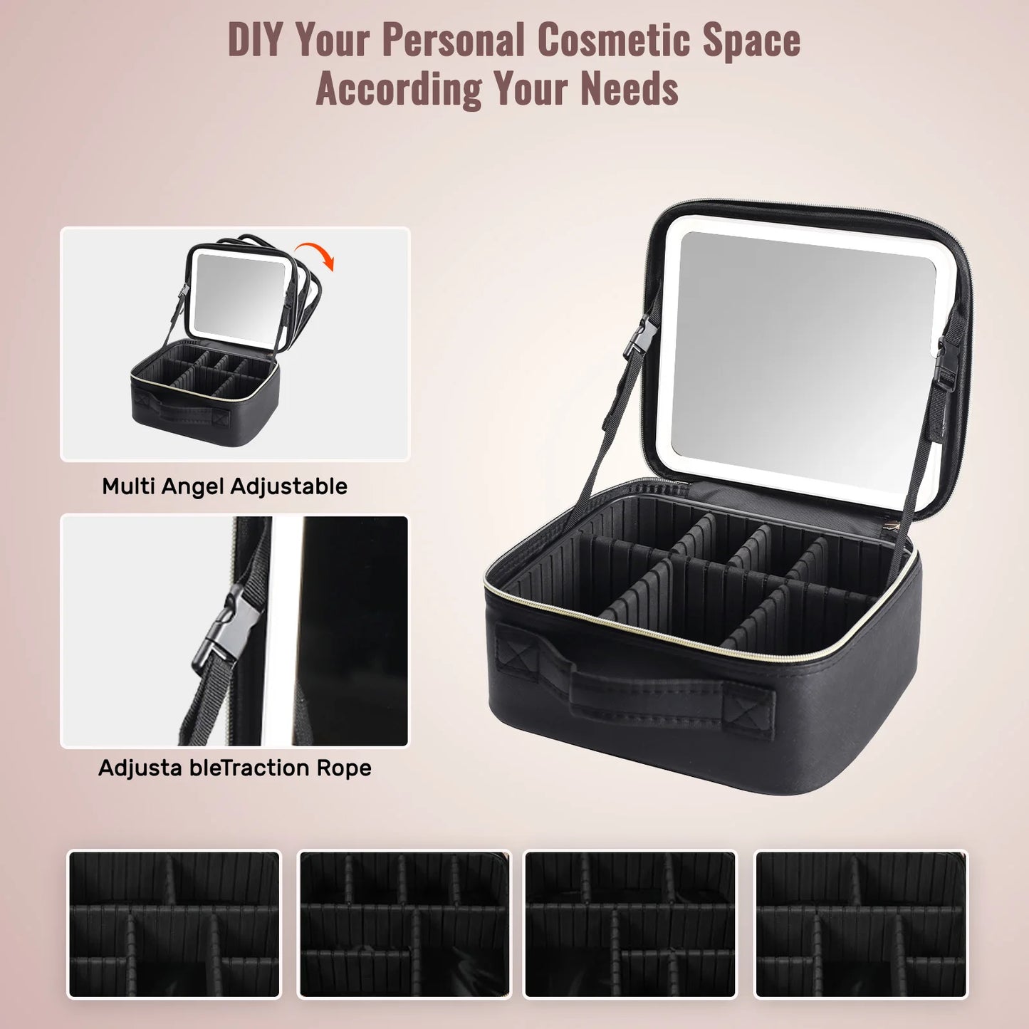Travel Makeup Bag With LED Lighted Mirror, Makeup Case With Adjustable Dividers